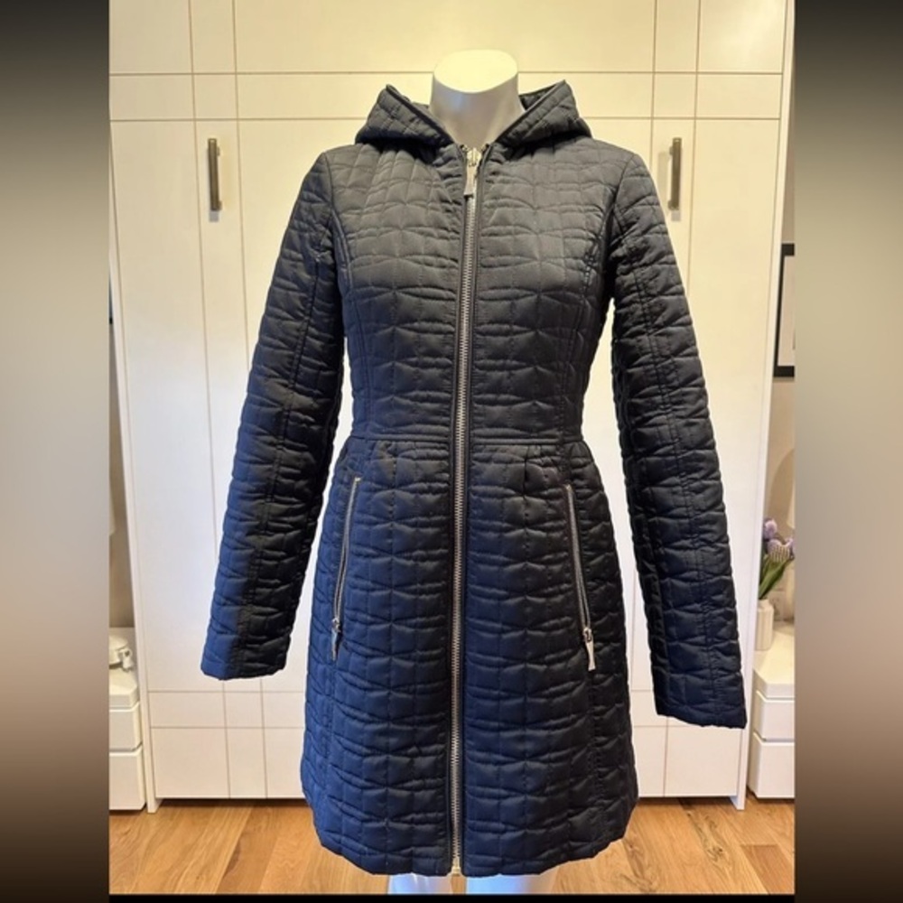 Kate Spade black  Quilted Midlength Jacket Coat Womens XS With Hoodie.